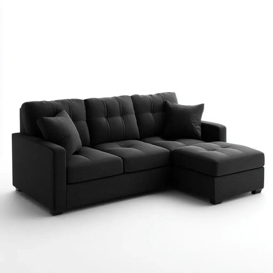 Sofa, Kanapa narożna 3 czarne siedzenia z prawym szewcem hamulec poliester 220 x 150 x 85 cm prostokątna