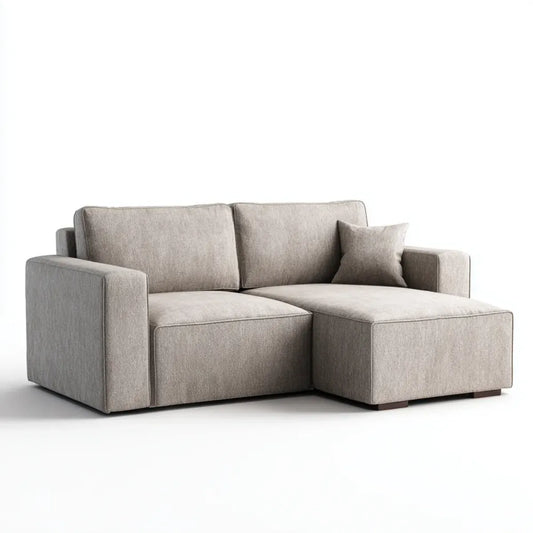 Sofa, Kanapa narożna 3 beżowe poliestrowe fotele z krzesełkiem z prawej strony 220 x 150 x 85 cm