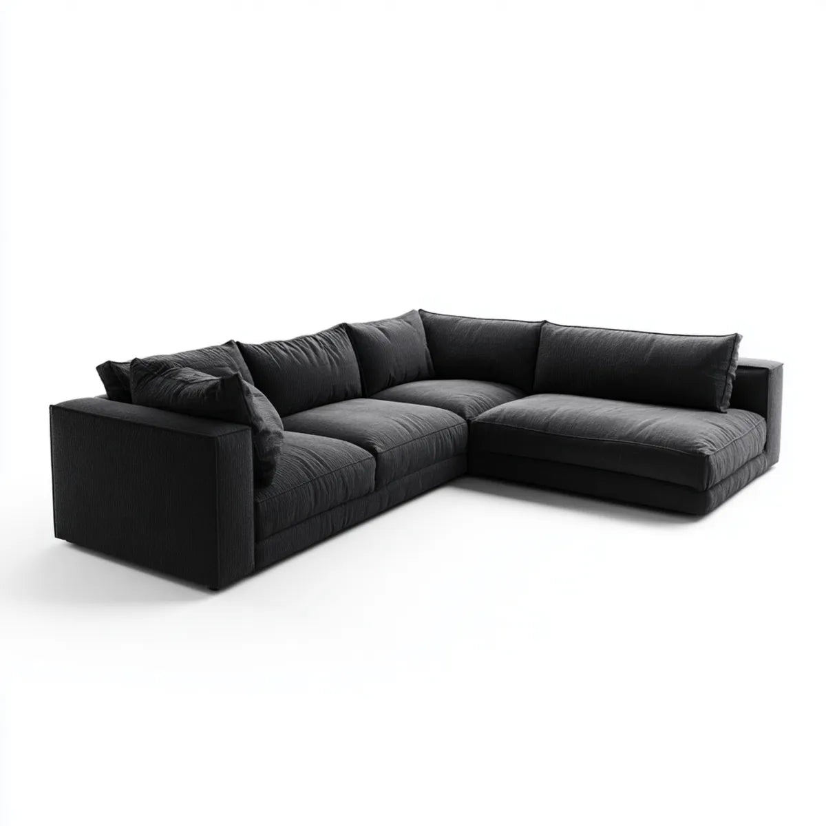 Sofa, Fotel narożny 4 czarne poliestrowe siedzenia z krzesełkiem z prawej strony 280 x 170 x 85 cm