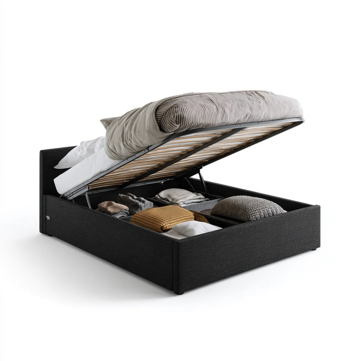 Łóżko z pojemnikiem, Czarne podwójne łóżko 160 x 190 cm prostokątny poliester