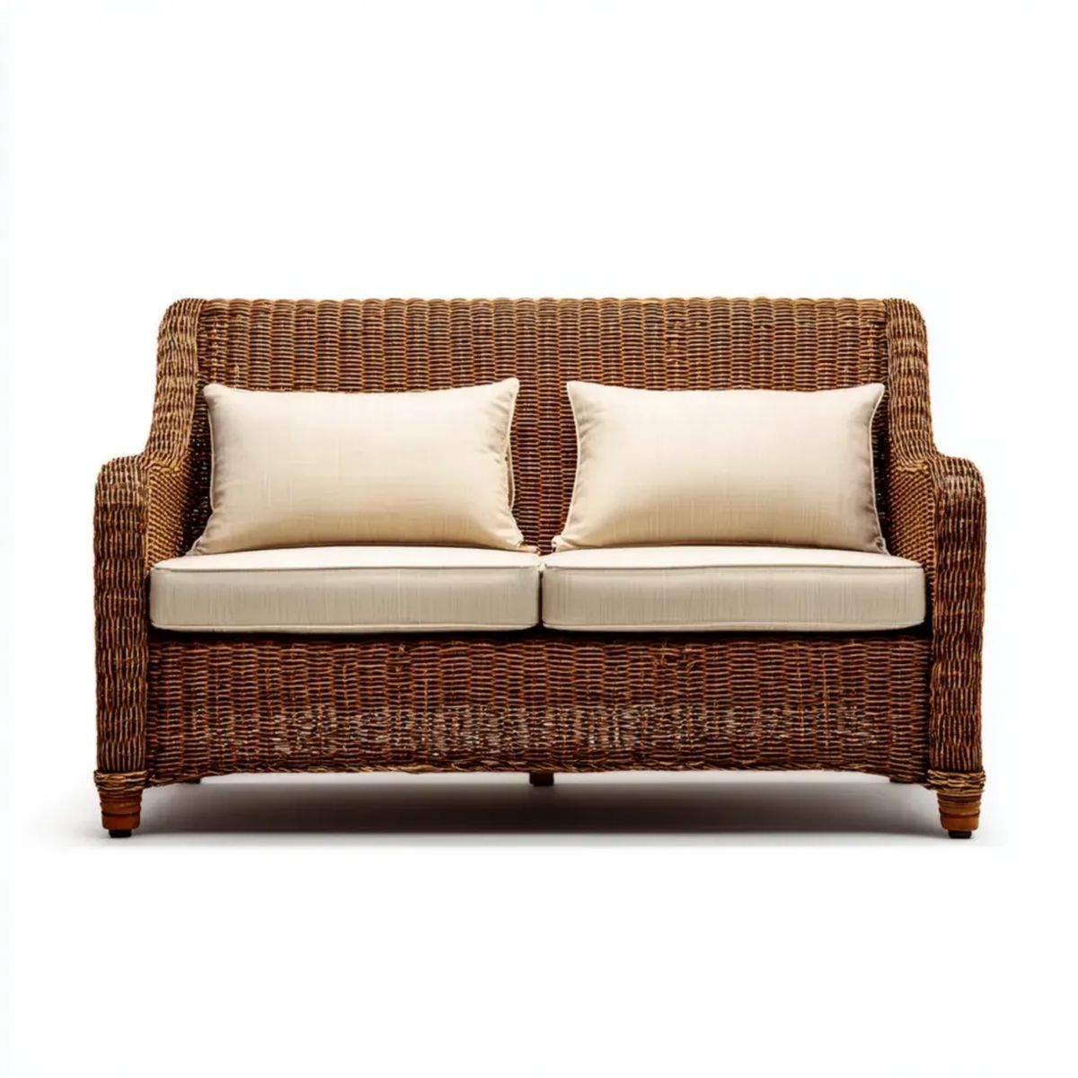 Sofa ogrodowa, Ogród Taras 2 fotele w Beżowym rattanie z beżowymi poduszkami, 140 x 75 x 85 cm