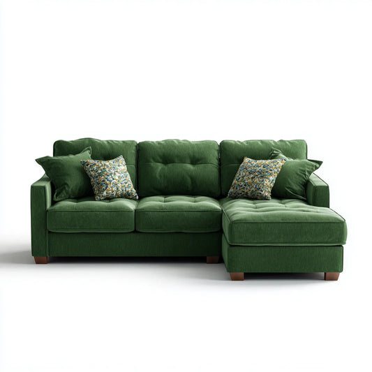 Sofa, Kanapa narożna 3 zielone miejsca z krzesełkiem z prawej strony 250 x 160 x 88 cm w poliestrowym aksamicie L