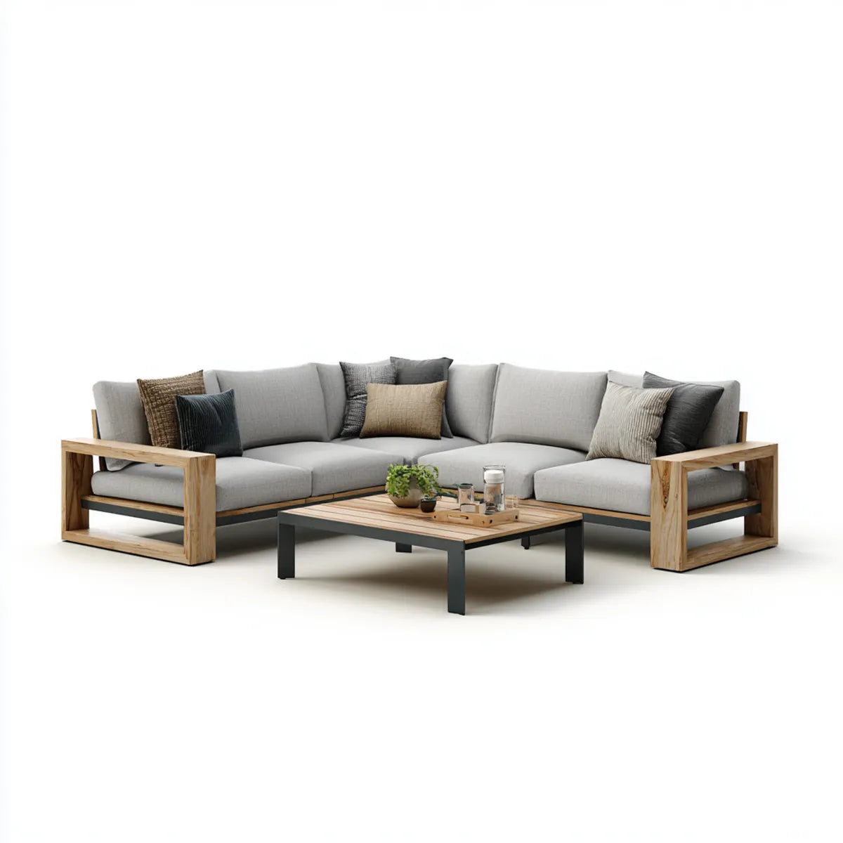 Sofa ogrodowa, Taras Loungesofa Szara z Stołem Kawowym z drewna i stali w kształcie L-Shape 270 x 210 cm