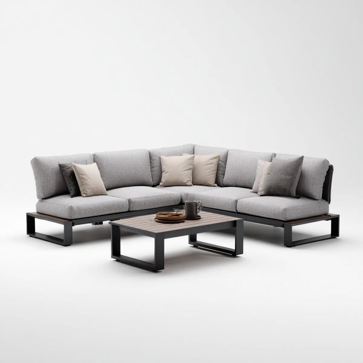 Sofa ogrodowa, Zestaw narożnej sofy ogrodowej z szarym i czarnym stołem w aluminiowym i poliestrowym 270 x 200 x 68 cm