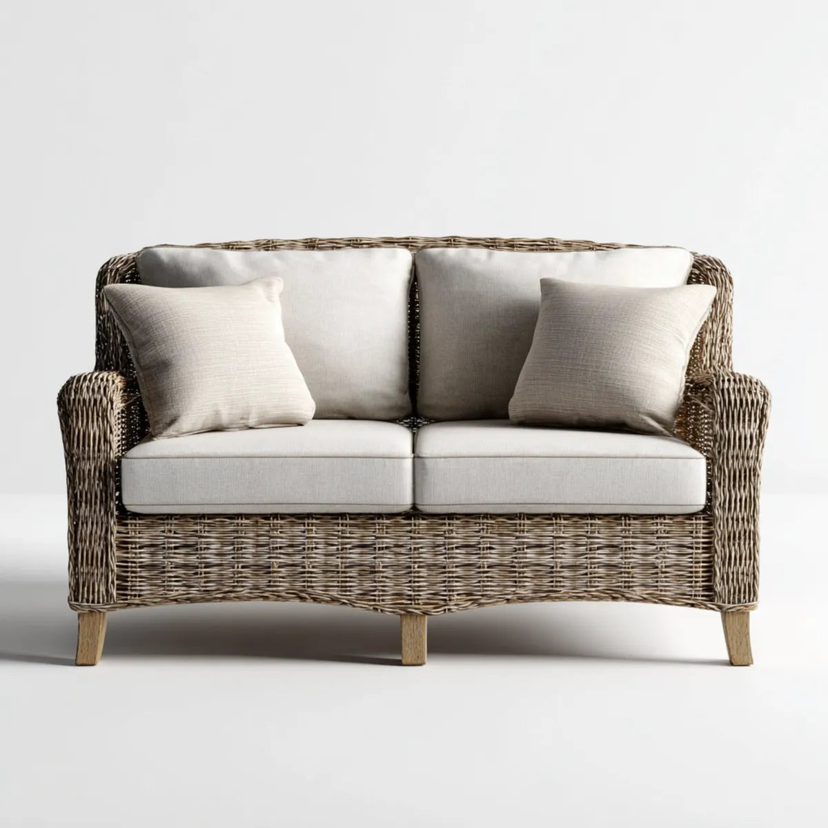 Sofa ogrodowa, Tapczan ogrodowy 2 miejsca beżowe i naturalne brązowe 140 x 75 x 85 cm w rattanie PE z prostokątnymi poduszkami