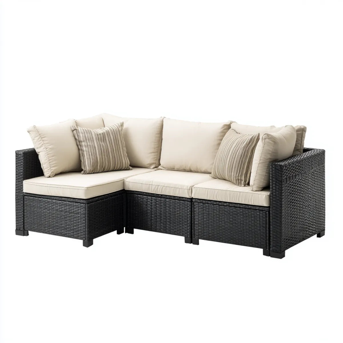 Sofa ogrodowa, Modułowe czarne i beżowe 210 x 80 x 85 cm w rattanie PE i stali powlekanej proszkowo