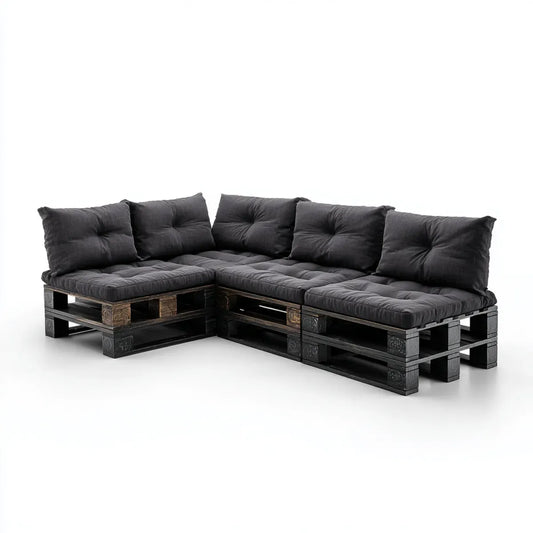Sofa ogrodowa, Kanapa ogrodowa narożna w czarnej palecie z poduszkami antracytu 260 x 180 x 70 cm