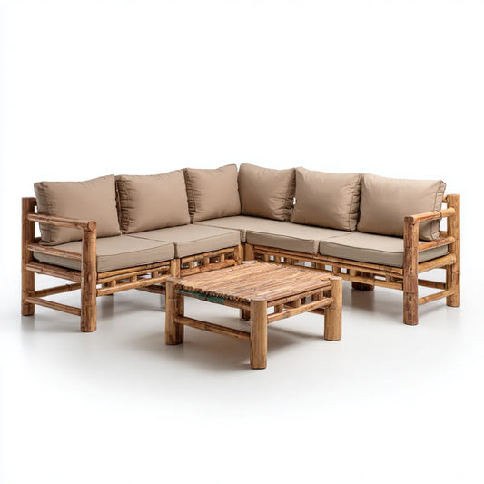 Sofa ogrodowa, Kącik ogrodowy 5 miejsc z beżowym bambusowym stołem 220 x 220 cm